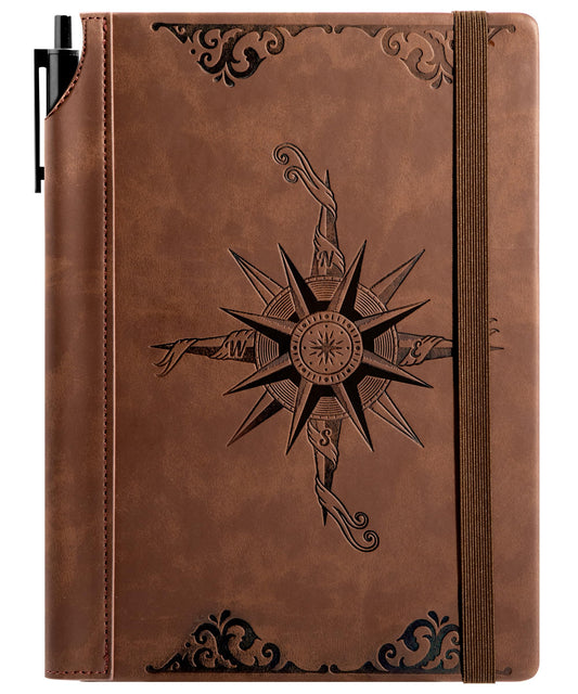 CAGIE Compass Leather Notebook Journal for Men, 100 GSM 288 Pages Lined Journals for Writing, A5 Hardcover Journaling Notebooks Gift Set with Pen for Travel Office Daily Writing