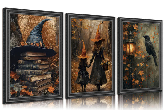 3pcs Halloween Canvas Wall Art Autumn Gothic Witch Books Crow Posters Prints Dark Academia Witch Wall Decor Pictures for Halloween Party House Decoration Unframed