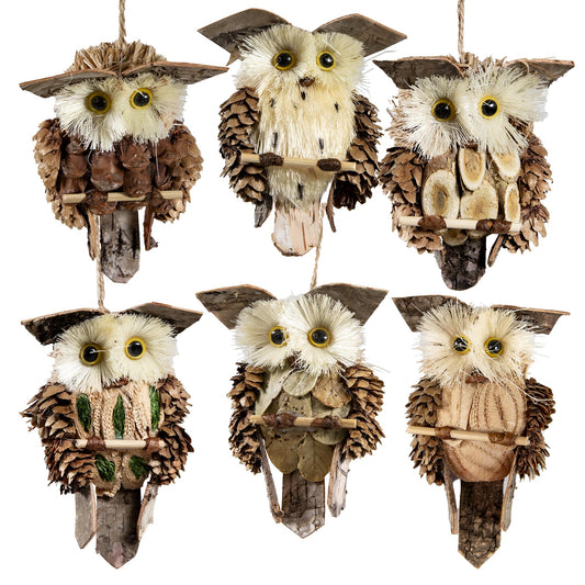 Cartanfill-Woodland Animal Owl Ornaments, Wood and Sisal, Set of 6 Assorted, Christmas Tree, Thanksgiving
