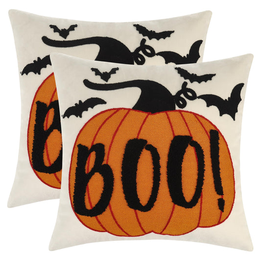 LUOYEHK Halloween Pillow Covers 18x18 Set of 2 Boo Embroidery Throw Pillow Covers Farmhouse Halloween Home Decor Cushion Covers for Couch Sofa Bed