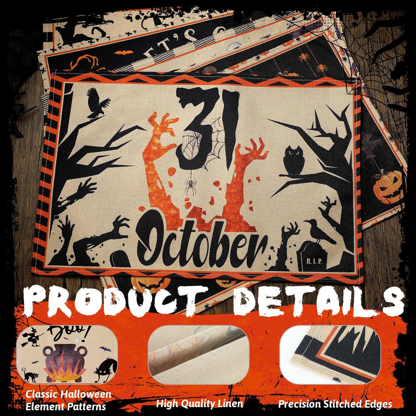 Umigy 6 Pcs Halloween Placemats 12"x18" Gothic Bat Placemats Kitchen Decoration Washable Witch Place Mats Rectangle Skull Table Mats for Halloween Dining Table Accessories(Classic)