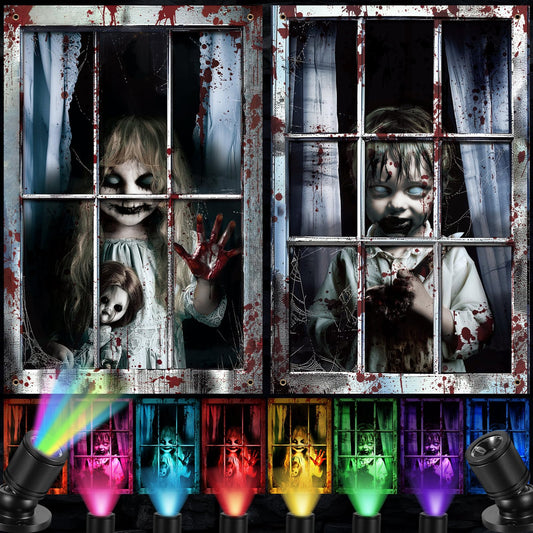SmoothNovelty 2 Pcs Halloween Boy and Girl Curtain with Spot Lights Window Silhouette Decoration Blood Ghost Window Cover Horror Theme Poster for Indoor Outdoor Party Wall Garage Door Decor