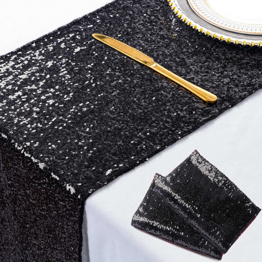 ShinyBeauty Black Sequin Table Runners Pack of 2 - 12x108-Inch Glitter Halloween Party Wedding Table Runner for Reception - 108 Inches Long