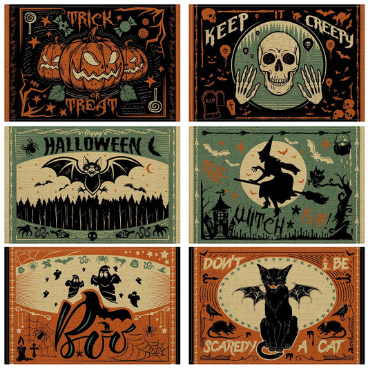 Umigy 6 Pcs Halloween Placemats 12"x18" Gothic Bat Placemats Kitchen Decoration Washable Witch Place Mats Rectangle Skull Table Mats for Halloween Dining Table Accessories(Scary)