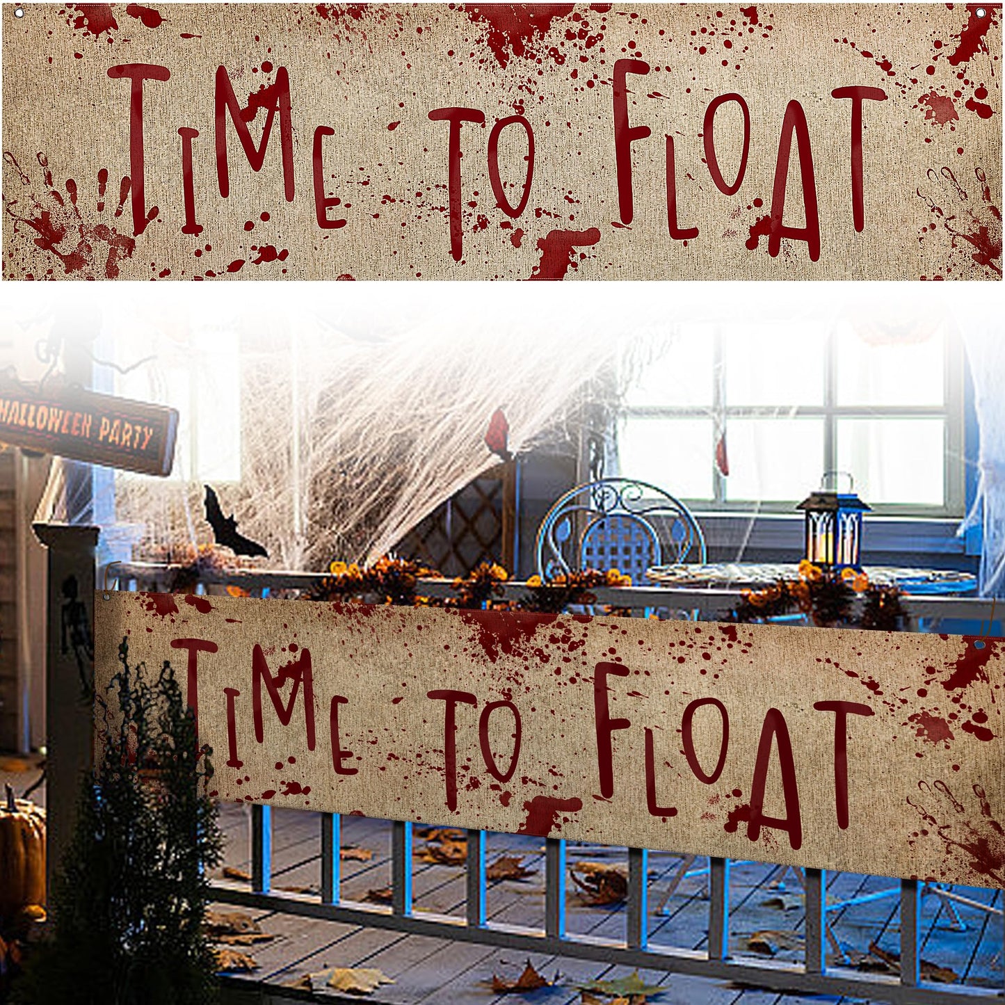 Watayo 71" x 20" Halloween Bloody Banner Yard Sign- Burlap Horror Time To Float Banner- Scary Halloween Banner Backdrop Decoration for Haunted House Yard Outdoor Fence Garden Parties Decor