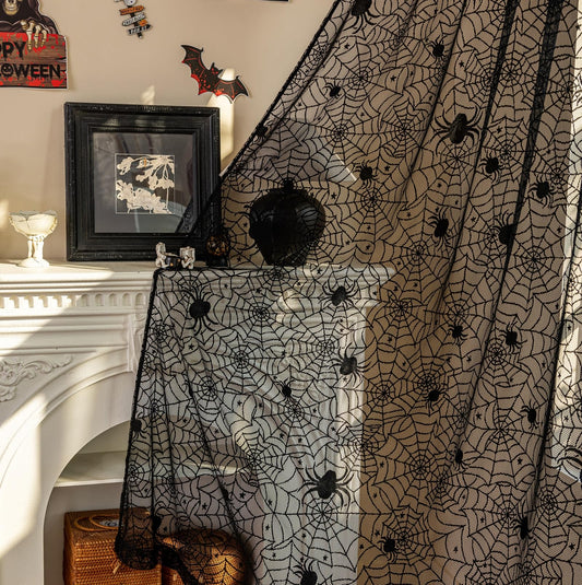 YJ YANJUN Black Lace Curtains 63 inches Length 2 Panels Halloween Goth Curtains for Bedroom Kitchen Spider Webs Halloween Decoration Coffin/Witchy/Gothic Haunted House Decor 55Wx63L Inch