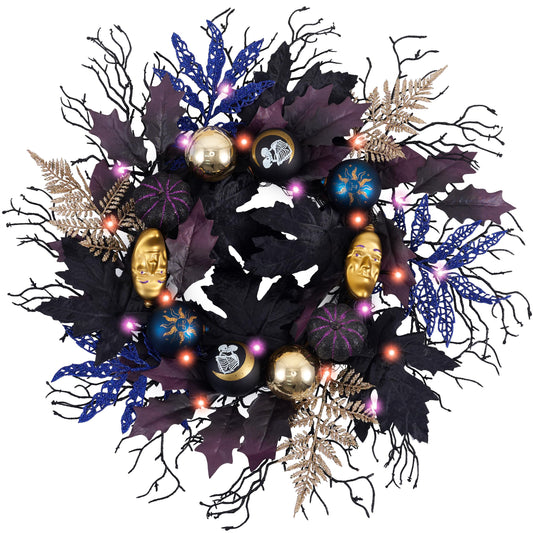 DecorbyHannah Pre-lit Halloween Wreath for Front Door, 18 Inch Light Up Black Witch Pumpkins Wreath with Lights，Maple Leaves, Moon, Ball Ornaments and Timer for Mantel Porch Wall Indoor Outdoor Decor