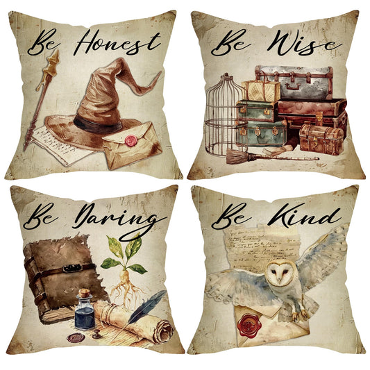 Fjfz Vintage Magic Decorative Throw Pillow Covers 18 x 18 Set of 4, Retro Magical Books Wizard Hat Owl Suitcase Porch Outdoor Home Decor, Watercolor Be Honest Wise Daring Kind Sofa Couch Cushion Case