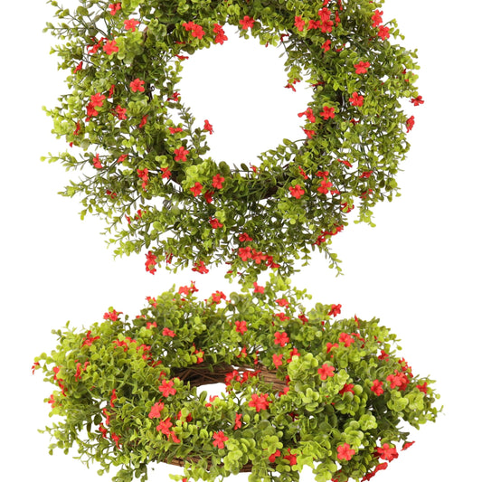 Zhemobang 20" Boxwood Wreath for Front Door – Lush Greenery Wreath with Red Flowers, Artificial Spring & Summer, Farmhouse Decor for Home, Outdoor & Indoor Use