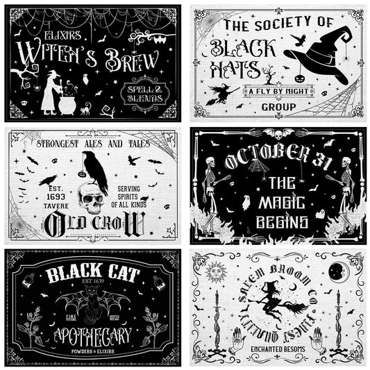 Umigy 6 Pcs Halloween Placemats 12"x18" Gothic Bat Placemats Kitchen Decoration Washable Witch Place Mats Rectangle Skull Table Mats for Halloween Dining Table Accessories(Black White Character Style)