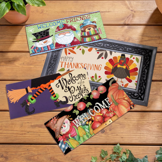 Evergreen Sassafras Fall Christmas Holiday Doormat Insert Bundle & Tray Set of 5, Interchangeable Entrance Door mats Indoor and Outdoor Welcome Mat 30 x 18 Tray Non Slip Backing Low Profile
