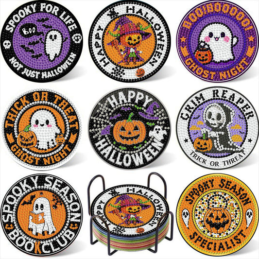 Gemozaic 8PCS Halloween Diamond Art Coasters Kit for Adult, Spooky Diamond Painting Coasters with Holer, Non-Slip, Easy DIY Pumpkin Gem Arts and Crafts Kits for Gift, Coffee, Cocktail, Drink
