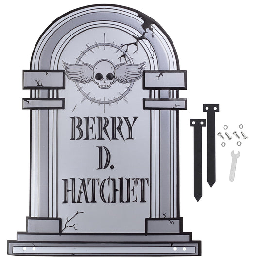 3-D Metal Halloween Ghost XL 17" Tombstone w Stakes -BERRY D HATCHET- Durable, Rustproof, UV Raised Printing- Upgrade Your Haunted House Mansion w Cemetary Lawn Decor- No More Flimsy Foam Graveyards
