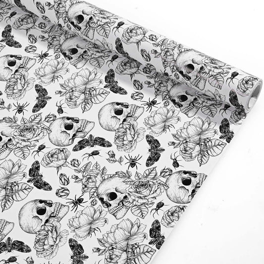 Bolsome Vintage Skull Wrapping Paper Roll- 17 Inches X 33 Feet -Black White Goth Floral Skull Gift Wrap Paper for Halloween Party Birthday Party Bachelorette Party Supplies