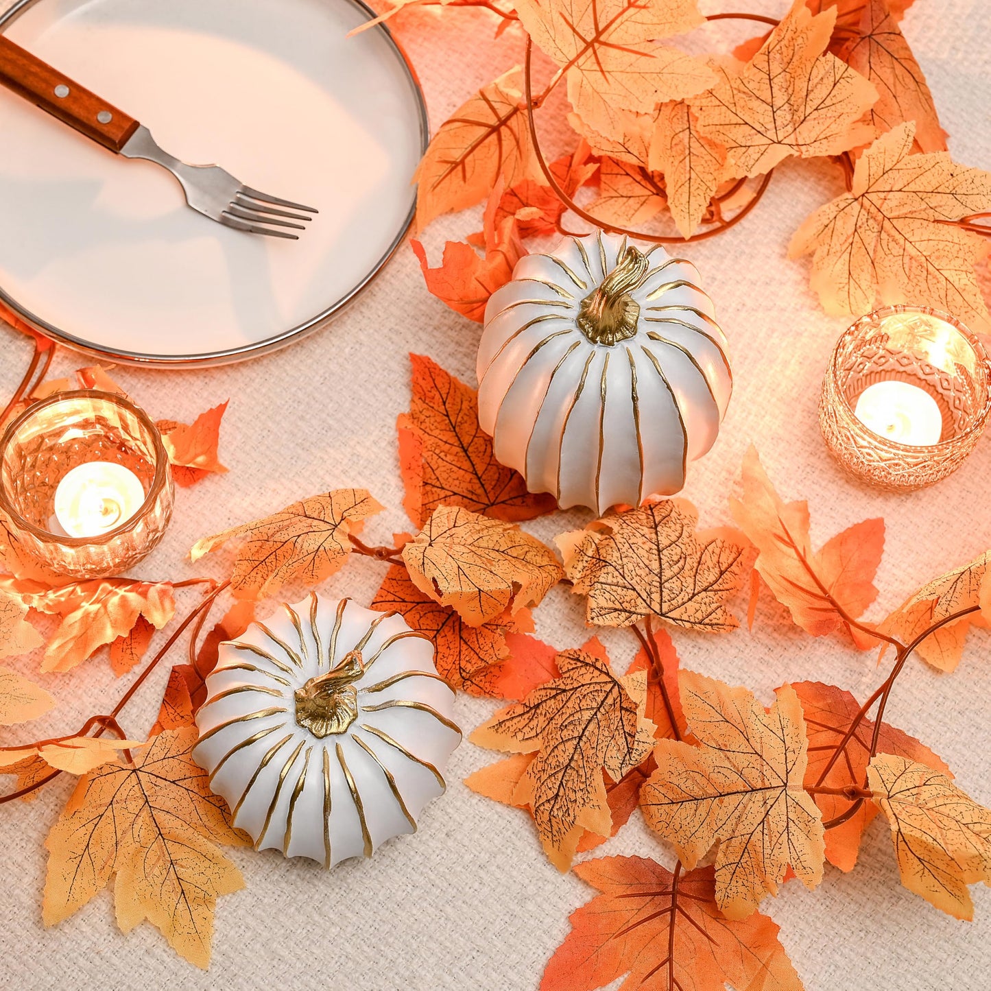 FESTGLOX Fall Pumpkin Decor, 2 PCS Resin Thanksgiving Fake Pumpkin Figurines, White and Gold Pumpkins for Decorating, Fall Decorations for Home, Farmhouse, Harvest Table Centerpiece