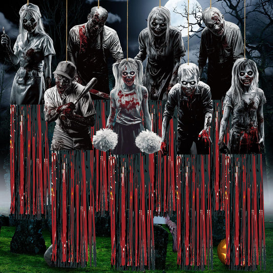DoubleFill 8 Pcs Horror Halloween Zombie Outdoor Hanging Decorations with Tassels Bloody Scary Yard Decoration for Outside 3.3ft Windsocks for Wall Tree Home Lawn Yard Party Supplies Garden Decor