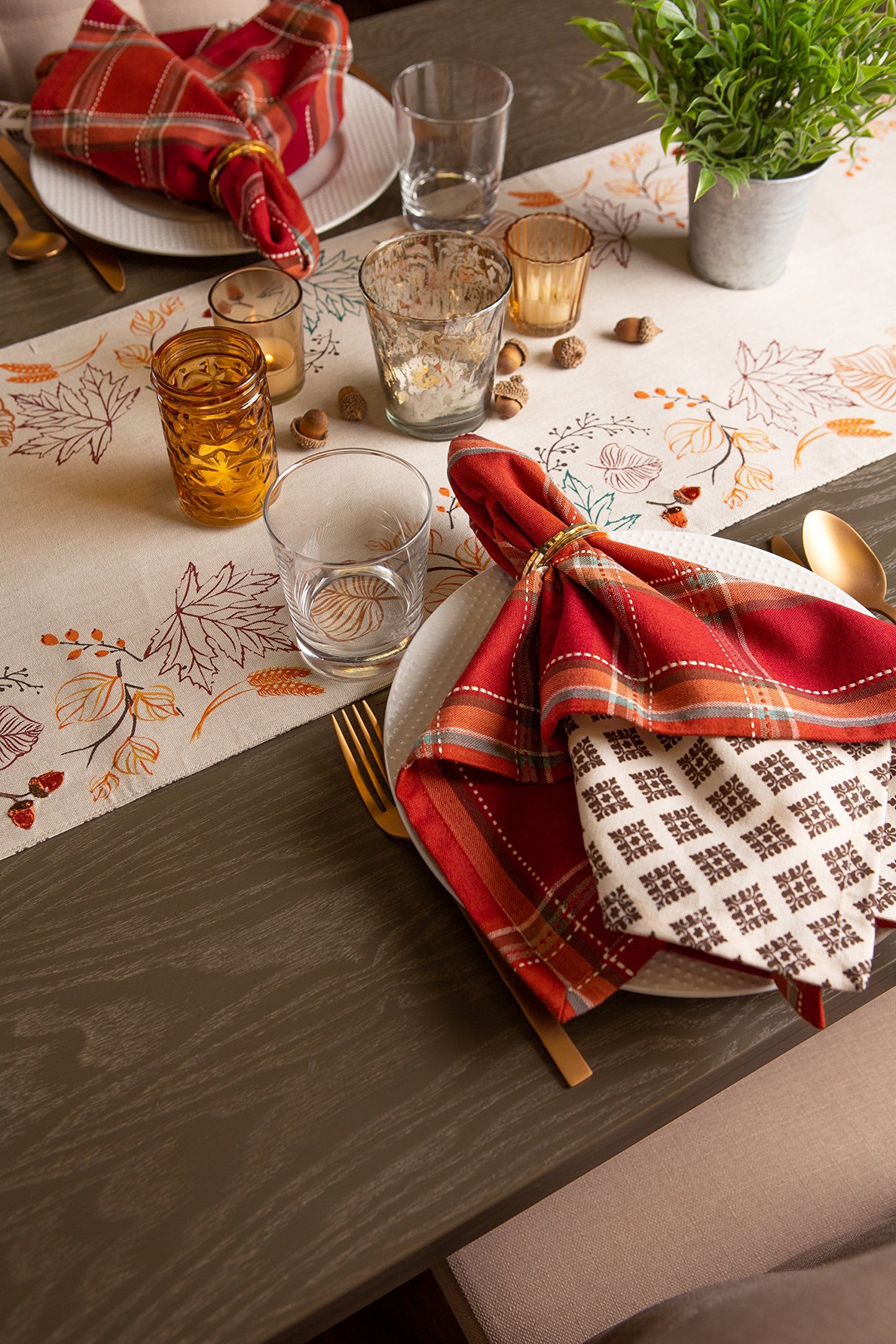 DII Autumn Pumpkin Spice Kitchen Collection Fall/Thanksgiving Cotton Table Décor, Square Napkin Set, 20x20, Orange Plaid, 6 Piece