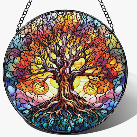 Stained Glass Window Hanging, 7.8 Inch Tree of Life Stained Glass Suncatcher, Boho Home Decor, Colorful Sun Catcher Ornament, Tree of Life Decor, Mother's Day Christmas Birthday Gifts for Women