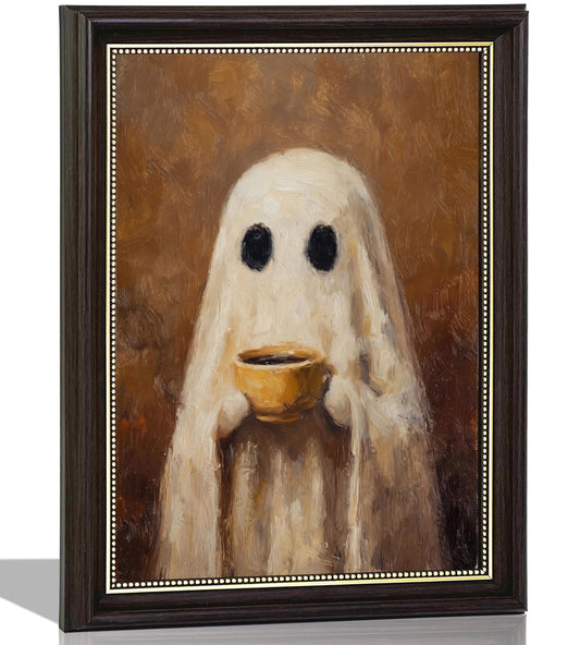 Ghost Kitchen Wall Art 9x11 Dark Brown Framed Canvas Print Cute Ghost Drinking Coffee Picture Dark Academia Coffee Bar Decor for Halloween Fall