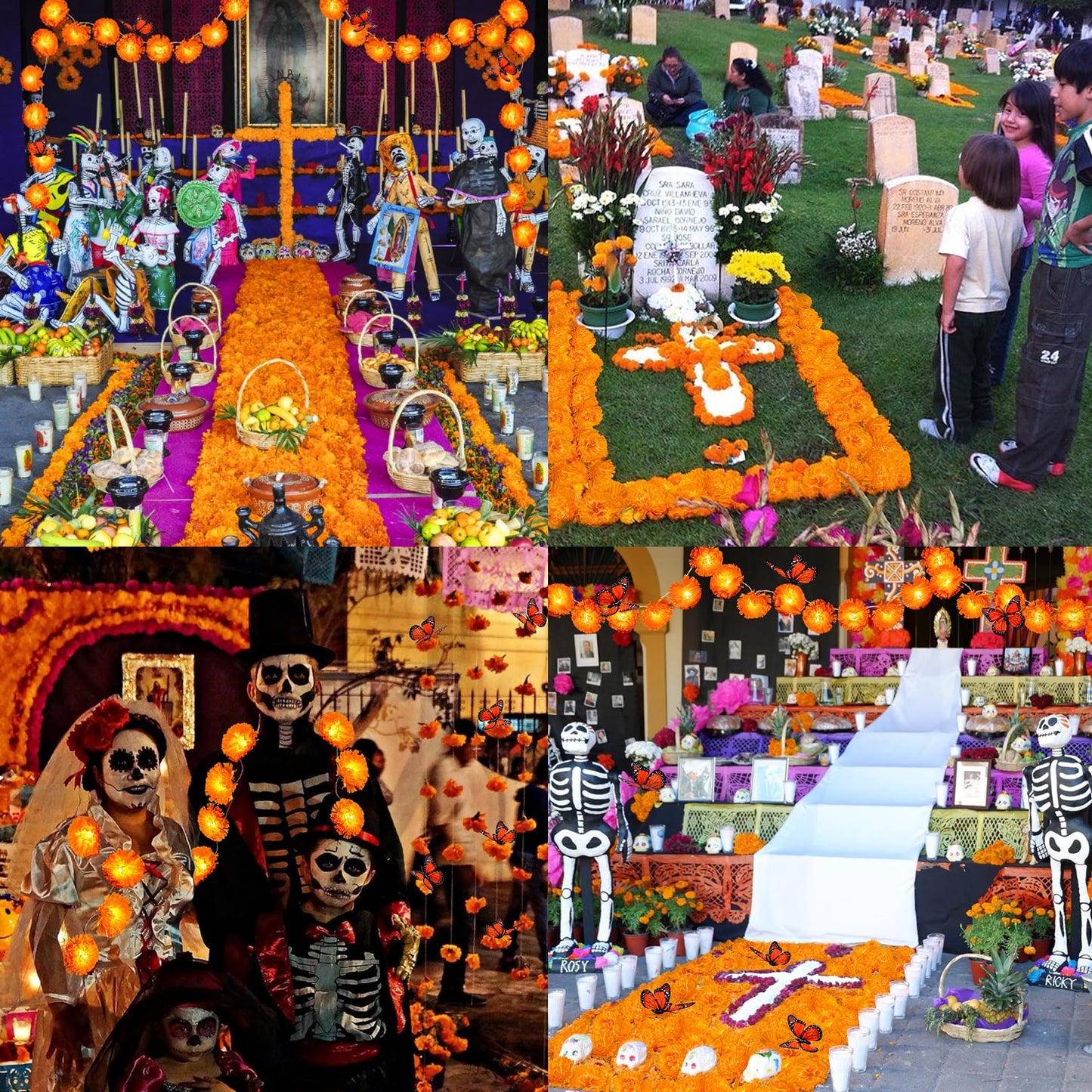 2 Pack Day of the Dead Decorations Total 13.1Ft Marigold Garland for Decoration, 40 Lighted Artificial Marigold Flowers 12 Butterfly for Dia de Los Muertos Indian Diwali Altar Halloween Home Decor