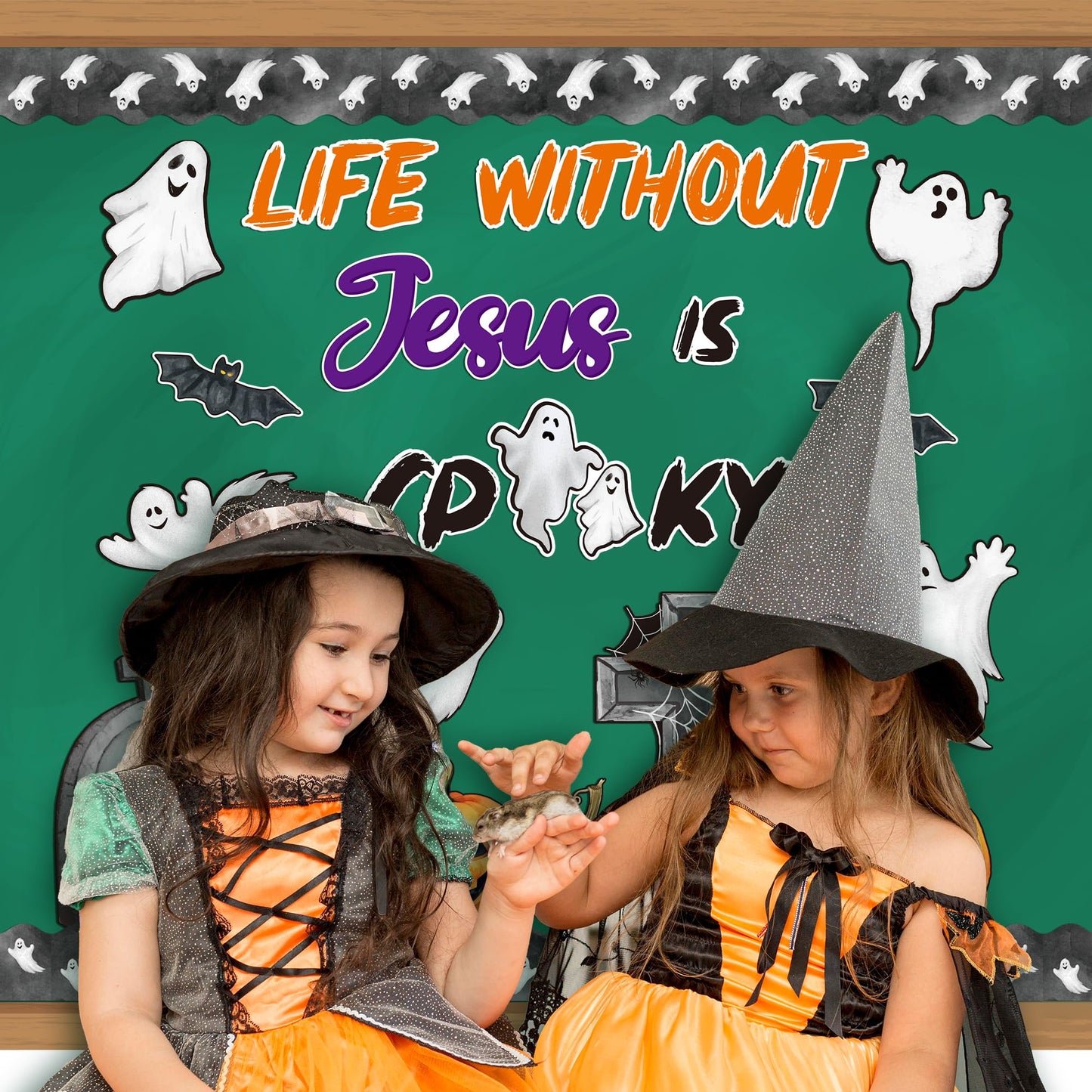 BeYumi Halloween Bulletin Board Set - 67Pcs Halloween Christian Bulletin Board Set Life without Jesus Is Spooky Cross Pumpkin Cutout Border Trim Religious Sunday School Classroom Chalkboard Wall Decor