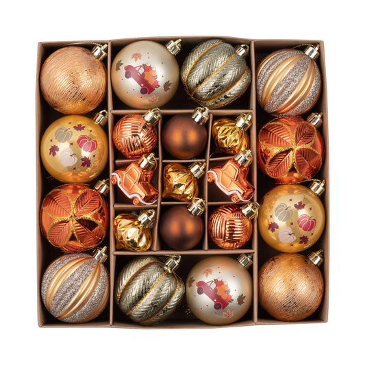 DecorbyHannah Fall Ornaments Tree Decorations, 21ct Autumn Thanksgiving Harvest Pumpkin Truck Hanging Ball Tree Ornaments Set, Shatterproof Gold Orange Farmhouse Decor for Home Indoor Table