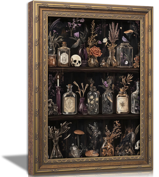 Vintage Gold Framed Gothic Wall Art, Apothecary Witchy Canvas Print, Dark Academia Potion Bottle Skull Floral Wall Decor, Antique Spooky Witchcore Poster, Halloween Artwork for Bedroom Living Room