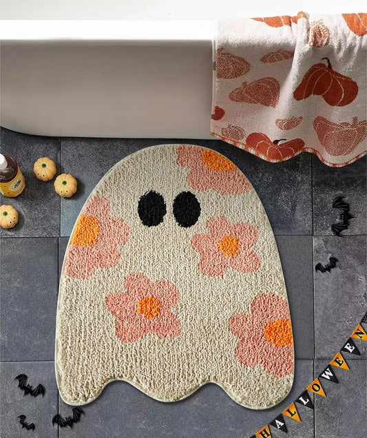 Ouyattle Cute Ghost Shaped Halloween Bath Mat Boho Vintage Floral Funky Halloween Bath Mat for Bathroom Aesthetic Decorations, Modern Abstract Cool Gothic Spooky Spirit Bathroom Rugs Non-Slip Washable