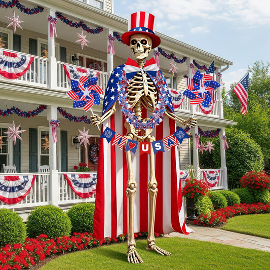 8 Pcs 4th of July 12 Ft Skeleton Costume Set Skeleton Clothes Accessories Independence Day Hat Tie Garland American Flag Cape Banner Pinwheels for 250th Anniversary Patriotic Garden Lawn Outdoor Decor