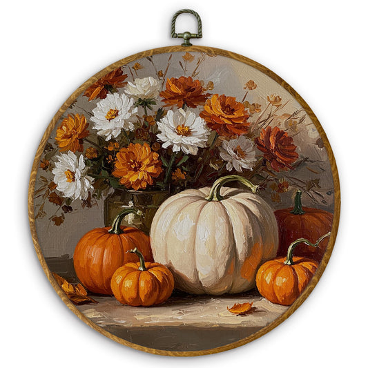 DILSJ Fall Pumpkin Round Wall Art Decor, Farmhouse Harvest Autumn Pumpkin Floral Canvas Wall Art Framed, Vintage Fall Hanging Decorations for Home Bedroom Living Room, 10x10 Inch