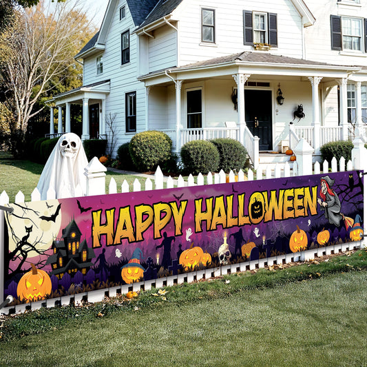 Katchon, Happy Halloween Banners For Outside - Xtralarge, 120x20 Inch | Halloween Yard Banner | Outdoor Banner for Porch, Fence, or Garden Decorations | Hanging Banners for Outside Yard Decor