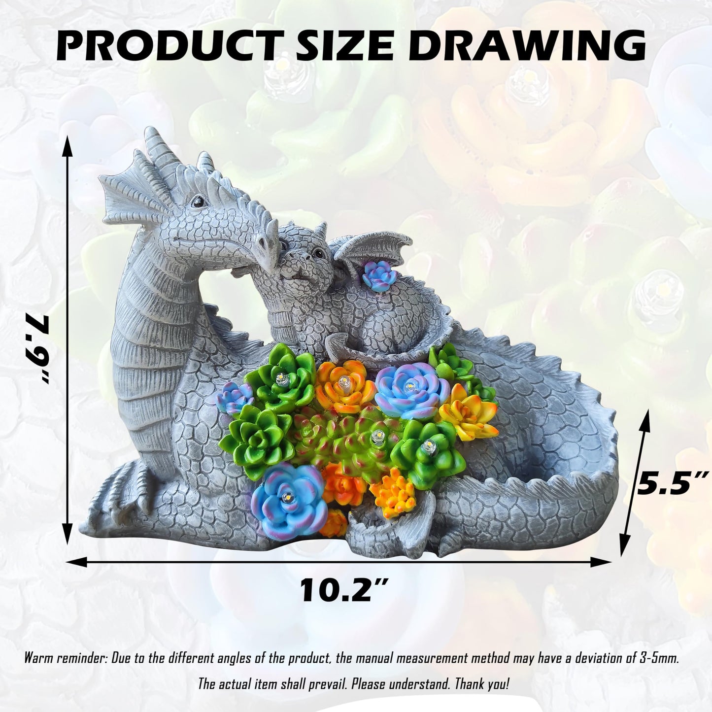 Yardancer Dragon Solar Garden Statues Outdoor Decoration with Succulent and 6 LED Lights,Dragon Figurine Solar Lights Lawn Décor,Outside Statue Ornament for Patio, Balcony, Yard,Unique Gift for Mom