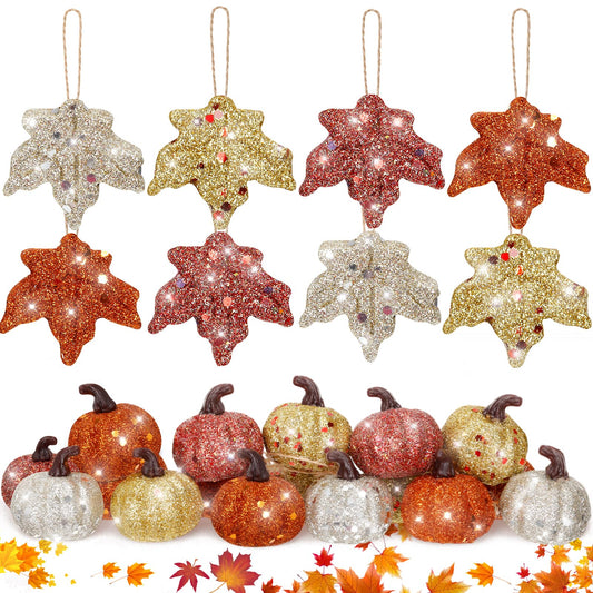 Amyhill 40 Pcs Thanksgiving Tree Ornaments Decoration Fall Glitter Pumpkin Maple Leaf Hanging Ornaments Small Foam Decorative Autumn Decor for Party Tree Table House Home(Gold Silver Orange Red)