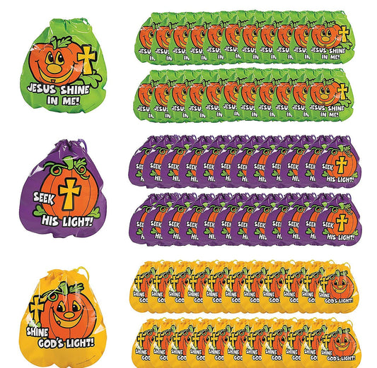 Christian Pumpkin Drawstring Goody Bags for Halloween - Party Supplies - 72 Pieces