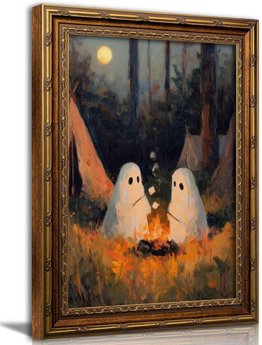 yunjulp Vintage Gold Framed, Camping Ghosts Wall art,Cute Ghost Decor,Halloween Wall Art Prints, Spooky Fall Family in Dark Forest Pictures,Gothic Autumn artwork for Halloween Wall Decor 9x11in
