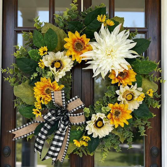 CYANBLOOM 24 Inch Summer Front Door Wreath – Modern Farmhouse Cream White & Yellow Sunflower Dahlia Wreath with Buffalo Plaid Bow, Outdoor Porch Wall Decor All Season, Housewarming Wedding Gift