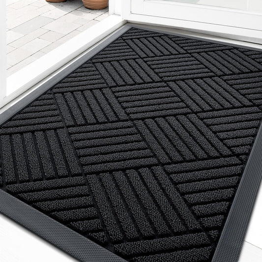 OLANLY Front Door Mat Outside Entrance 29.5x17, Absorbent, Heavy Duty Sturdy Natural Rubber Doormat Indoor Outdoor, Stain and Fade Resistant, Non-Slip Low Profile Floor Mat for Entryway, Black Diamond