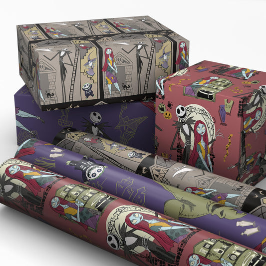 Hallmark Nightmare Before Christmas Wrapping Paper Mini Rolls, 3-Pack (Jack Skellington, Sally, Zero on Pink, Purple, Black) for Birthdays, Valentine's Day, Halloween, Any Occasion - 45 Sq. Ft. Total