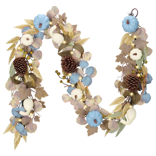 DecorbyHannah Fall Garland with Lights, 6 ft Artificial Autumn Harvest Garland for Mantel, Blue Fall Thanksgiving Decor with Pumpkin Pinecone Eucalyptus for Front Door Table Wall Indoor Outdoor Use