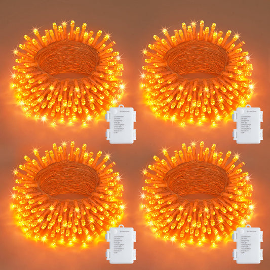 JMEXSUSS 4 Pack 50 LED Battery Operated String Lights Orange, Each 16.5ft Halloween String Lights with Timer, 8 Modes Orange Halloween Light Indoor Outdoor for Garland Party Fall Decoration