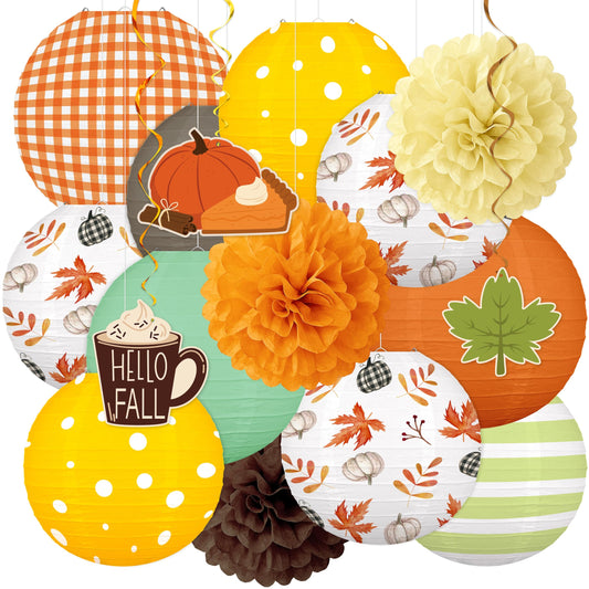 ‎Renbuzhu 16PCS Fall Decorations for Home Paper Lanterns Pom Poms Hanging Swirls Thanksgiving Autumn Friendsgiving Decor for Party Office Birthday Indoor Outdoor