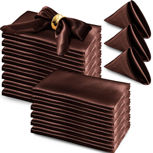 RUDONG M 72 Pack Chocolate Brown Satin Napkin, 17 x 17 Inch Square Cloth Napkins, Soft Fabric Napkin with Scalloped Edges, Reusable Washable Dinner Table Napkins for Wedding, Banquet, Party