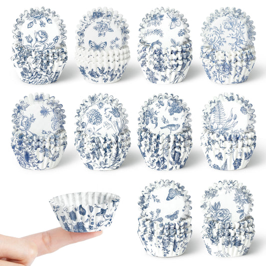 COcnny Flower Mini Cupcake Liners - 600pcs Blue and White Floral Baking Cups Muffin Paper Cupcakes Wrappers for Birthday, Candy Cake Chocolate Wrap Making Supplies for Baby Shower Birthday (10 Styles)