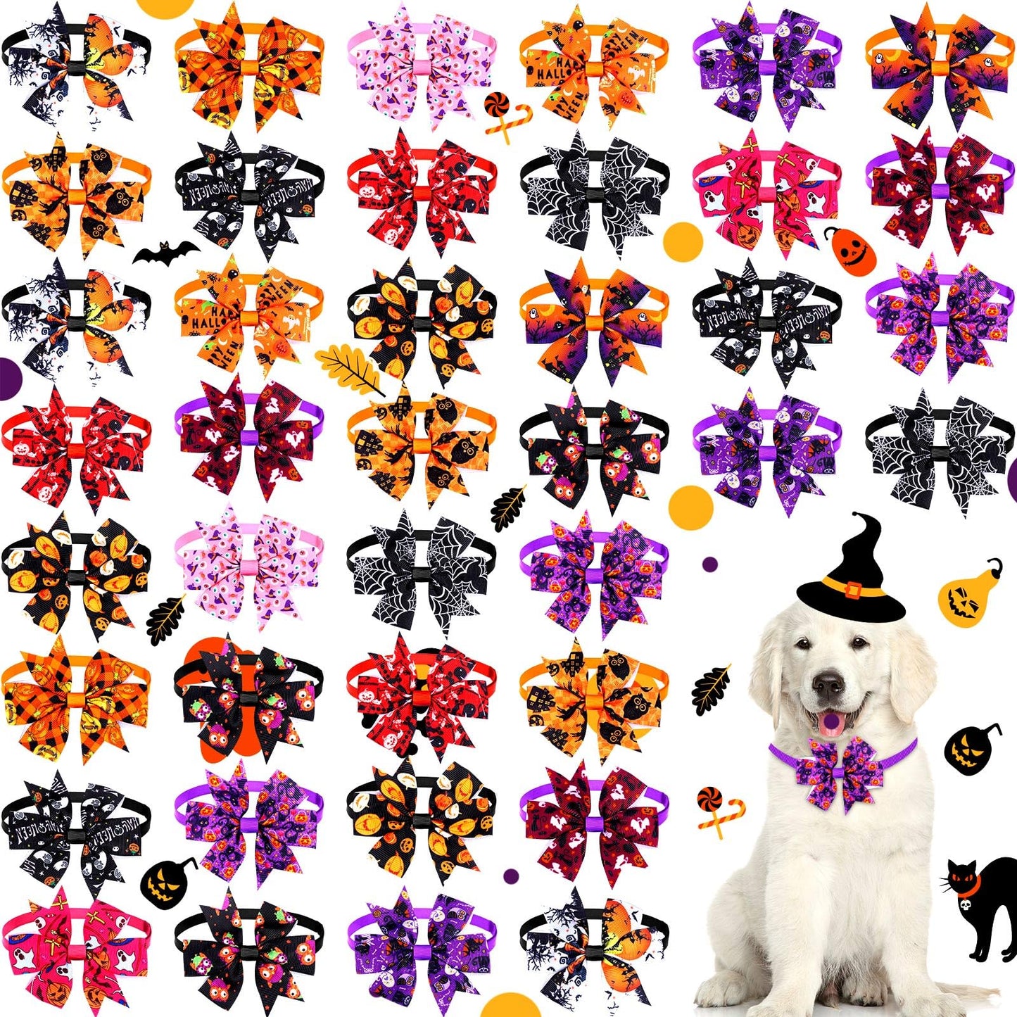 Maitys 40 Pcs Halloween Dog Bows Ties & Basic Collars Bulk - Adjustable Bowties with Plastic Buckle Hair Bow for Dog Cat Pet Holiday Festival Party Grooming Accessories