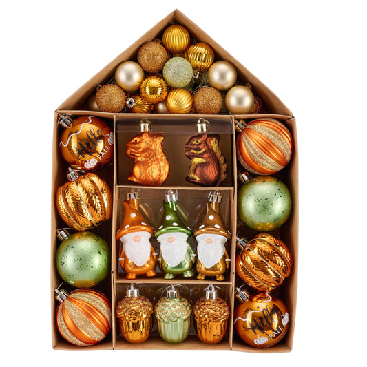 Valery Madelyn Fall Tree Decorations Ornaments for Home Indoor, 40ct Orange Shatterproof Fall Hanging Decor for Small Tree Thanksgiving Autumn Christmas Ball Gnome Pumpkin Harvest