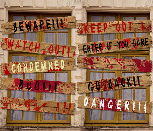 10pcs 39"x4.7" Halloween Haunted Window Boards, Beware Signs Window Warning Signs,Waterproof Outdoor Scary Sign for Halloween Party Decoration (10pcs window boards)