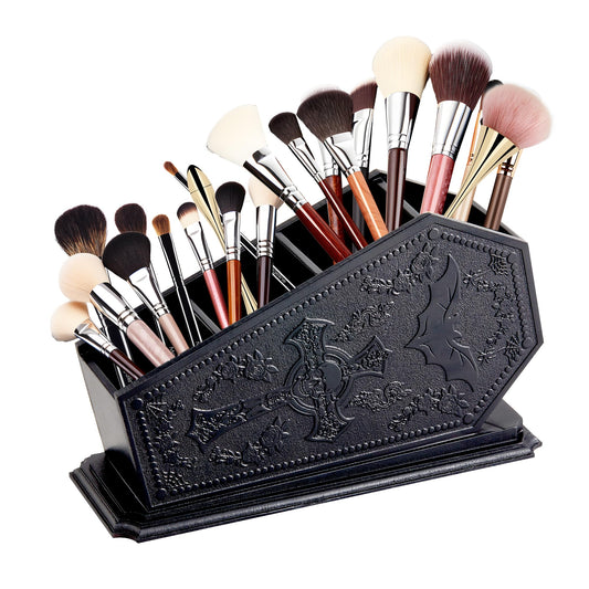 Gothic Coffin Decor Makeup Brush Holder,Spooky Witchy Gifts for Women,Bat Cosmetic Display Cases,Cross Goth Decor Pen Holder, Vanity, Desk, Office Organizer for Christmas Bedroom Bathroom,Black
