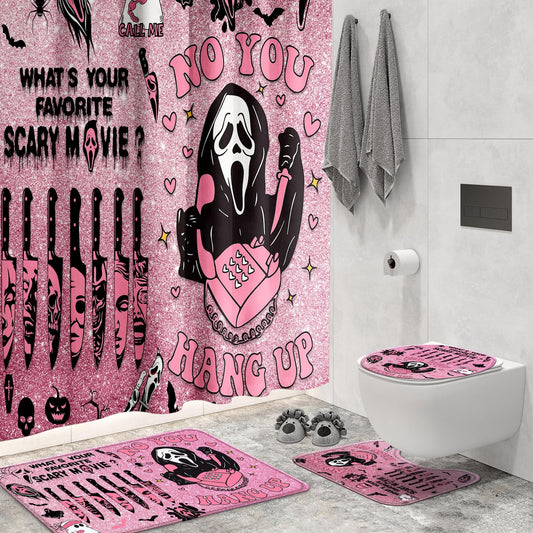 4 Pcs Pink Horror Shower Curtain Set with Rugs,Halloween Bathroom Decor