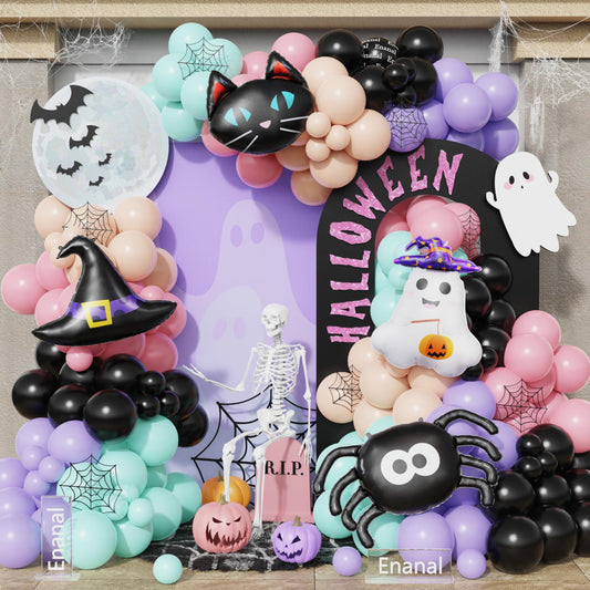Enanal 166pcs Halloween Balloon Arch Kit - Pastel Rainbow & Black Latex Balloons with Witch Hat/Ghost/Spider/Black Cat Foil Balloons for Little Boo Birthday, Halloween Baby Shower Party Decorations