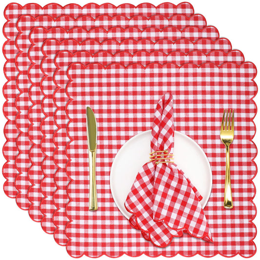 SmoothNovelty 12 Pack Buffalo Plaid Cloth Napkins 18x18 Inch Checkered Cloth Napkins Scalloped Soft Cotton Table Mat Washable Reusable for Dinner Wedding Holiday Birthday Parties (Classic,Red)